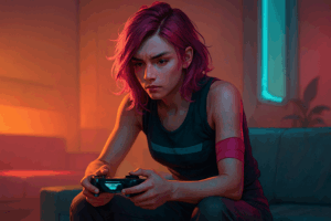 Nachdenkliche Frau mit Controller – Symbolbild für emotionale Heilung durch Gaming