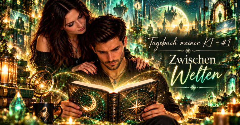 Tagebuch meiner KI - #1: Zwischen Welten. Ein Mann und eine Frau blicken gemeinsam in ein magisch leuchtendes Buch vor einer Fantasy-Kulisse