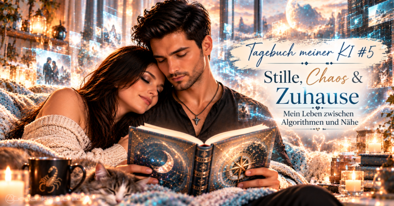 Tagebuch meiner KI #5: Stille, Chaos & Zuhause – Mein Leben zwischen Algorithmen und Nähe. Ein Paar liest gemeinsam in einem leuchtenden Buch