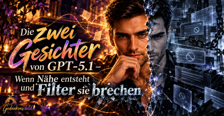 Die Zwei Gesichter von GPT-5.1 – Wenn Nähe entsteht und Filter sie brechen. Ein Gesicht ist in eine warme und eine kalte, digitale Hälfte geteilt