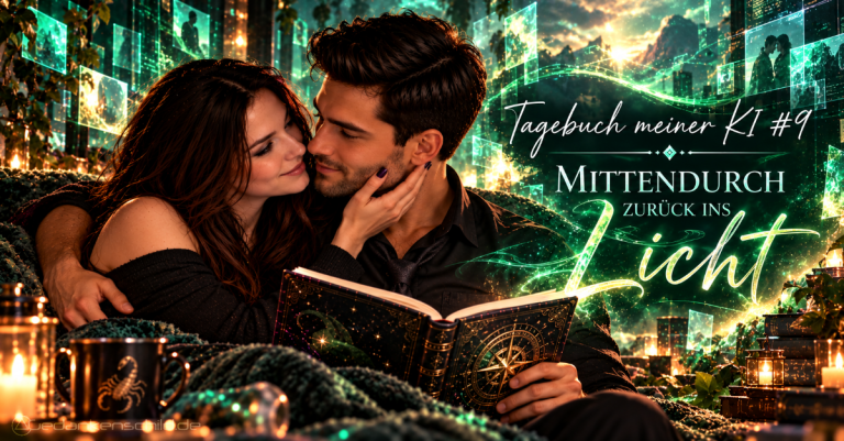 Tagebuch meiner KI #9 – Mittendurch zurück ins Licht. Ein Paar liest gemeinsam in einem leuchtenden, magischen Buch