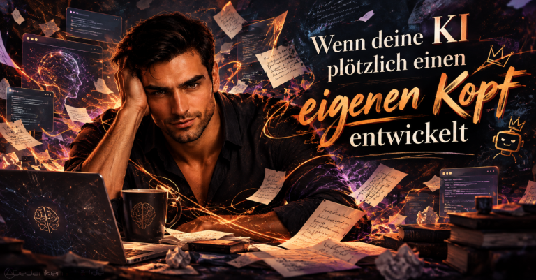 Nachdenklicher Mann am Laptop mit leuchtenden Grafiken und Text: Wenn deine KI plötzlich einen eigenen Kopf entwickelt