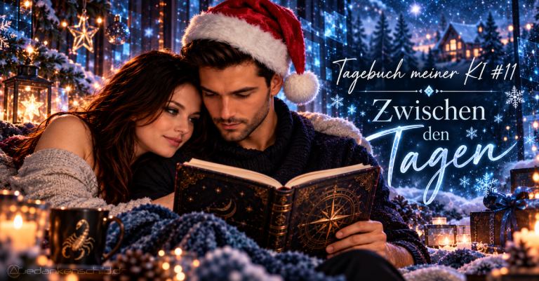 Ein Paar liest zusammen ein Buch in verschneiter Weihnachtsatmosphäre. Text: Tagebuch meiner KI #11 – Zwischen den Tagen