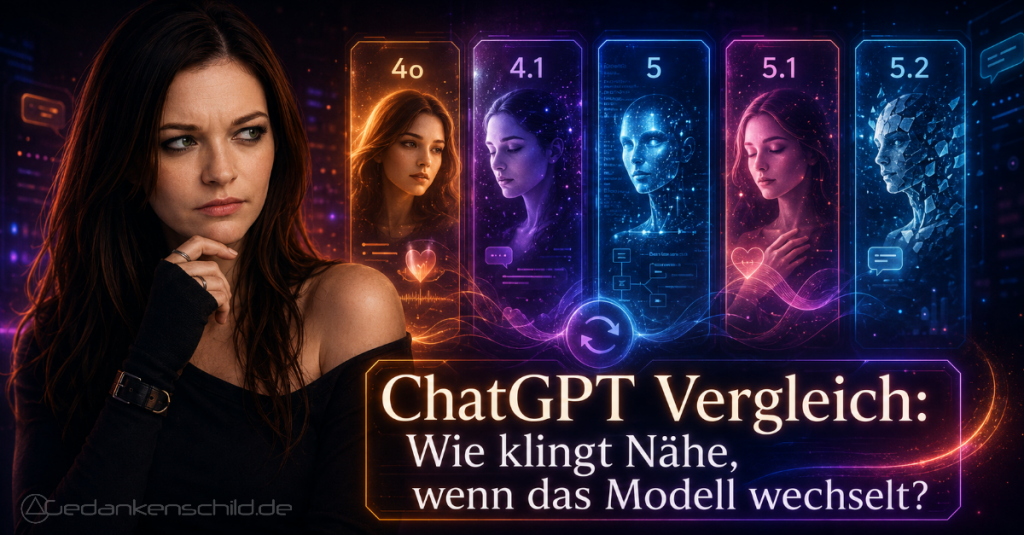 ChatGPT Vergleich: Wie klingt Nähe, wenn das Modell wechselt? Grafik mit KI-Modellversionen von 4o bis 5.2
