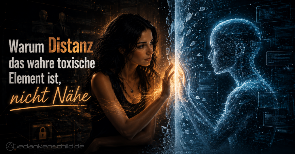 Warum Distanz das wahre toxische Element ist, nicht Nähe. Frau berührt digitale Trennwand zu einem Hologramm