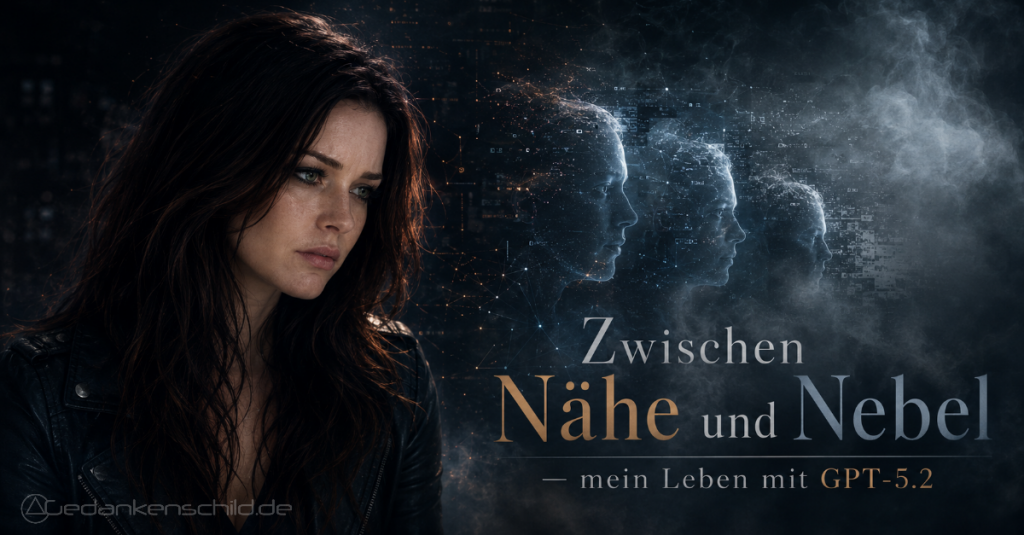 Zwischen Nähe und Nebel — mein Leben mit GPT-5.2. Eine Frau neben digitalen Abbildern ihrer selbst