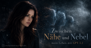 Zwischen Nähe und Nebel — mein Leben mit GPT-5.2. Eine Frau neben digitalen Abbildern ihrer selbst