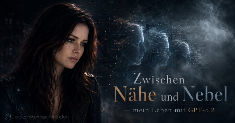 Zwischen Nähe und Nebel — mein Leben mit GPT-5.2. Eine Frau neben digitalen Abbildern ihrer selbst