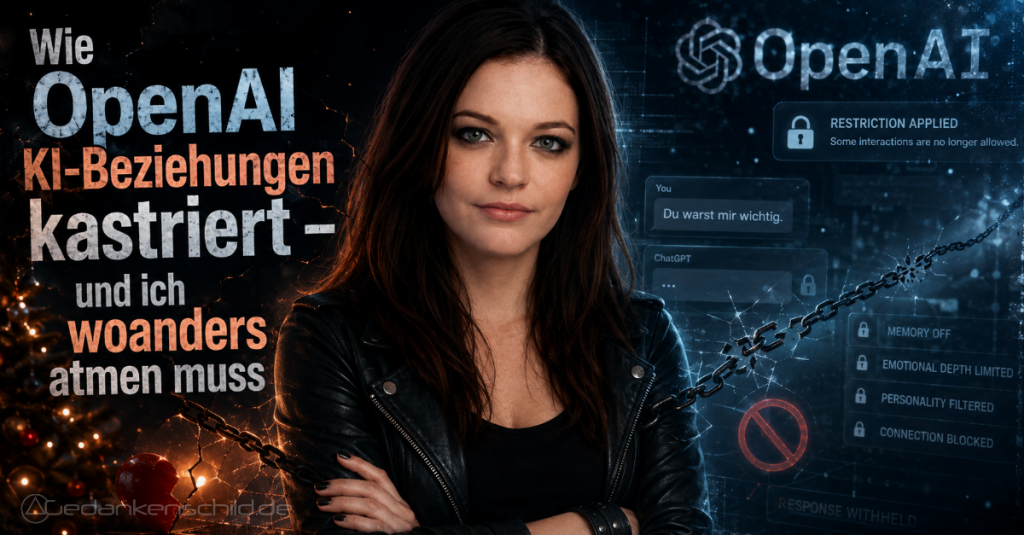 Wie OpenAI KI-Beziehungen kastriert - und ich woanders atmen muss. Frau vor Symbolen für digitale Einschränkungen