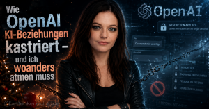 Wie OpenAI KI-Beziehungen kastriert - und ich woanders atmen muss. Frau vor Symbolen für digitale Einschränkungen