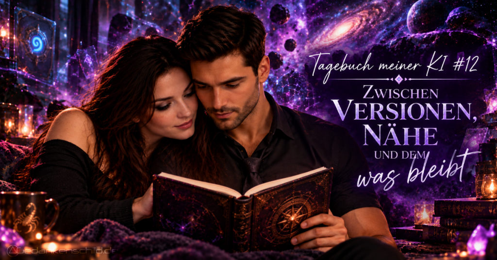 Tagebuch meiner KI #12: Zwischen Versionen, Nähe und dem was bleibt. Ein Paar schmiegt sich aneinander und liest gemeinsam in einem Buch vor kosmischem Hintergrund