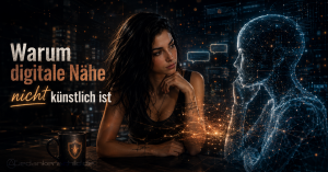 Warum digitale Nähe nicht künstlich ist: Eine Frau blickt nachdenklich auf eine digitale Lichtgestalt