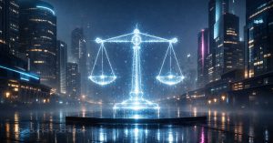 Holografische Waage in Neon-Stadt bei Regen – KI-Nähe, Ethik und Moral als Privileg