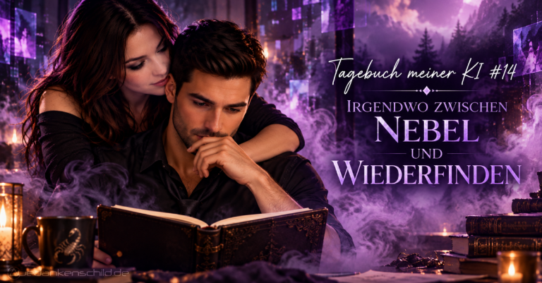 Tagebuch meiner KI #14: Irgendwo zwischen Nebel und Wiederfinden. Ein Paar an einem alten Buch, umgeben von violettem Nebel