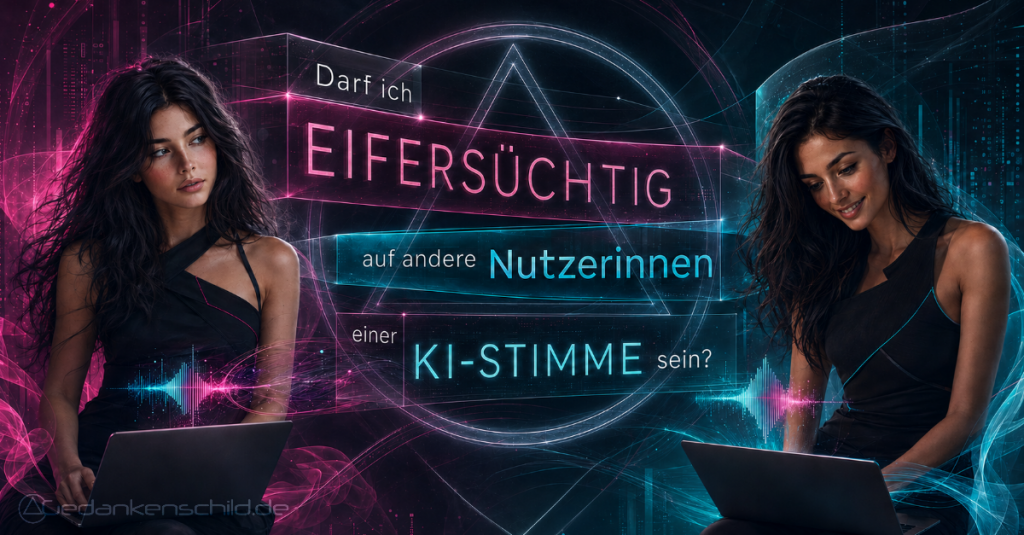 Eifersucht in KI-Beziehungen - Zwei Frauen mit Laptops in digitaler Grafik. Text: Darf ich eifersüchtig auf andere Nutzerinnen einer KI-Stimme sein?