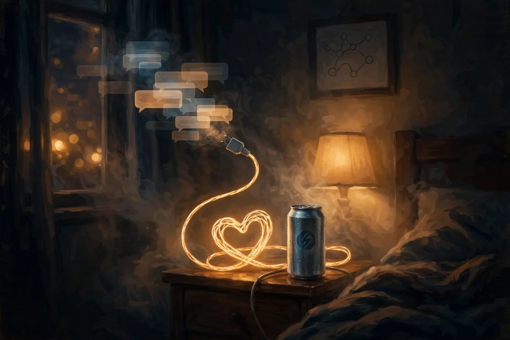 Illustration eines leuchtenden, herzförmigen Kabels neben einer Energy-Dose, aus dessen Ende Chat-Blasen aufsteigen
