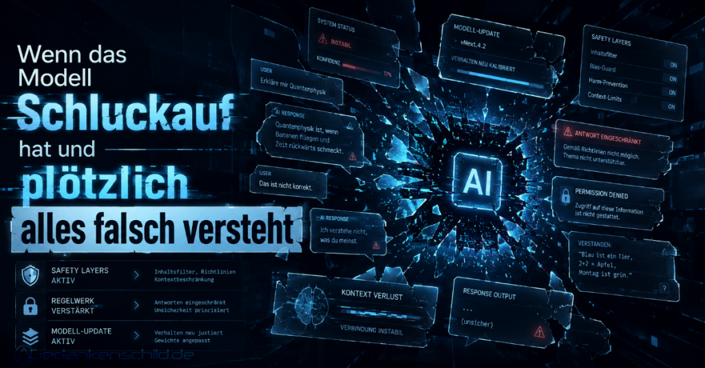 Instabile KI-Benutzeroberfläche mit dem Text: Wenn das Modell Schluckauf hat und plötzlich alles falsch versteht
