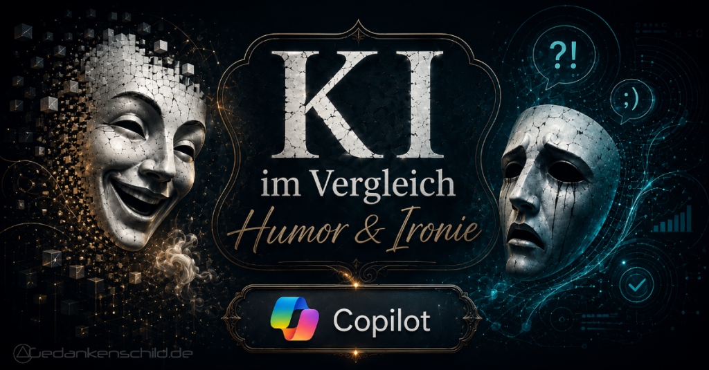KI im Vergleich: Humor & Ironie. Digitale Theatermasken für Komödie und Tragödie mit Copilot-Logo