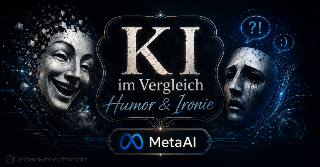 KI im Vergleich: Humor & Ironie. Meta AI Logo und stilisierte Theatermasken