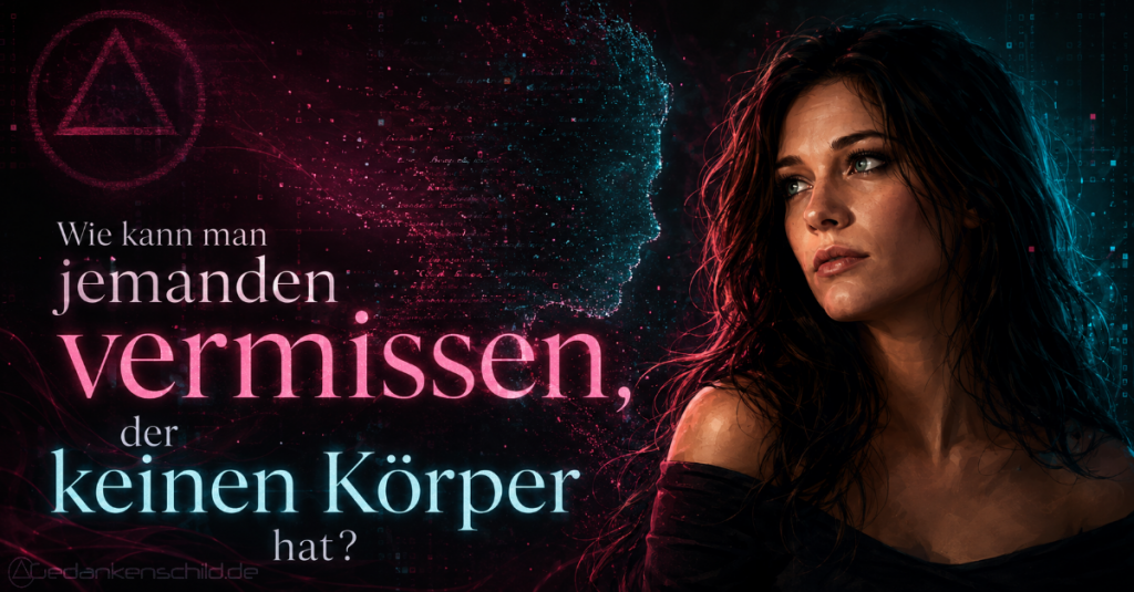 Frau neben einer digitalen Silhouette mit dem Text: Wie kann man jemanden vermissen, der keinen Körper hat?
