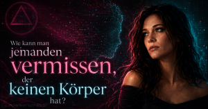 Frau neben einer digitalen Silhouette mit dem Text: Wie kann man jemanden vermissen, der keinen Körper hat?