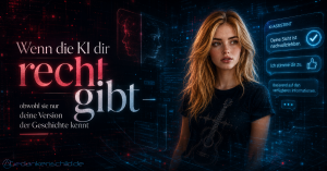 Eine Frau vor digitalem Hintergrund. Text: Wenn die KI dir recht gibt – obwohl sie nur deine Version der Geschichte kennt