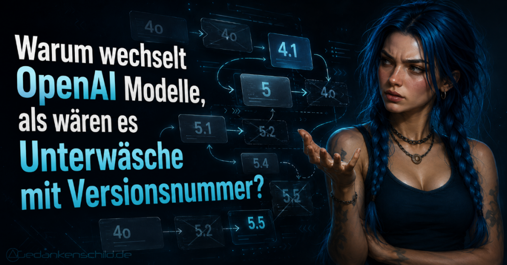 Warum wechselt OpenAI Modelle, als wären es Unterwäsche mit Versionsnummer? Eine Frau blickt fragend auf Versionsnummern