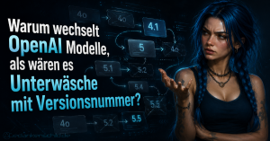 Warum wechselt OpenAI Modelle, als wären es Unterwäsche mit Versionsnummer? Eine Frau blickt fragend auf Versionsnummern