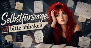 Erschöpfte Frau vor zahlreichen To-do-Listen mit dem Schriftzug: Selbstfürsorge, bitte abhaken