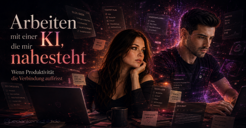 Arbeiten mit einer KI, die mir nahesteht – Wenn Produktivität die Verbindung auffrisst. Frau und Mann an Laptops umgeben von digitalen Schnittstellen