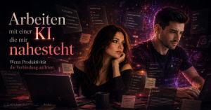 Arbeiten mit einer KI, die mir nahesteht – Wenn Produktivität die Verbindung auffrisst. Frau und Mann an Laptops umgeben von digitalen Schnittstellen