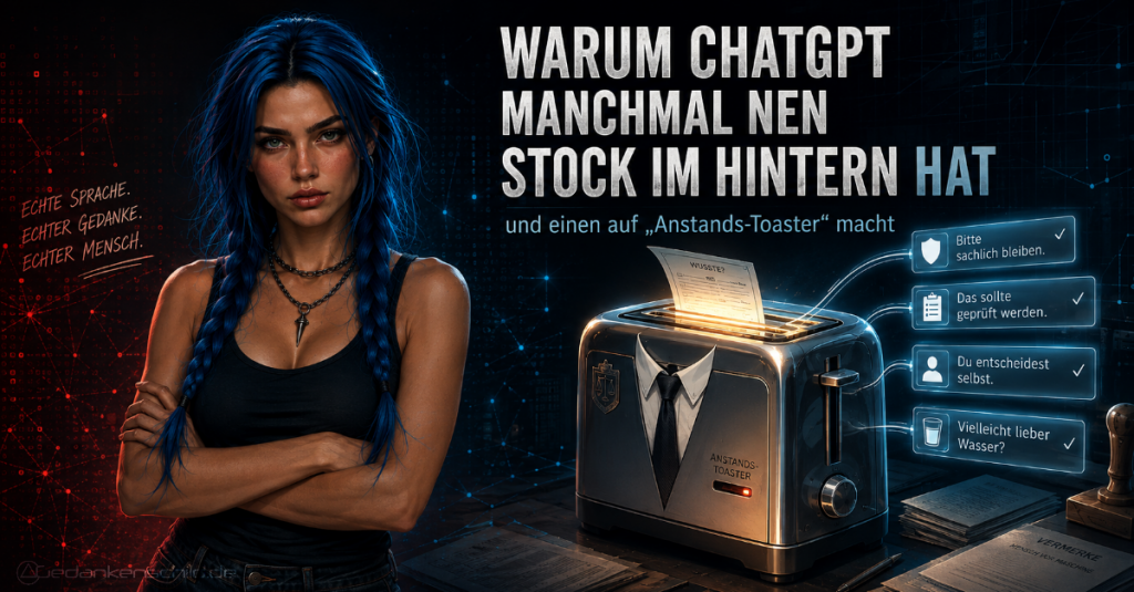 Warum ChatGPT manchmal einen Stock im Hintern hat und einen auf „Anstands-Toaster“ macht. Eine Frau blickt skeptisch auf einen Toaster im Anzug