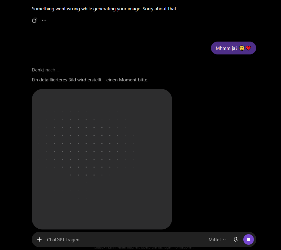 Screenshot eines Chatverlaufs mit Fehlermeldung und erneutem, ungewolltem Ladevorgang für eine Bildgenerierung