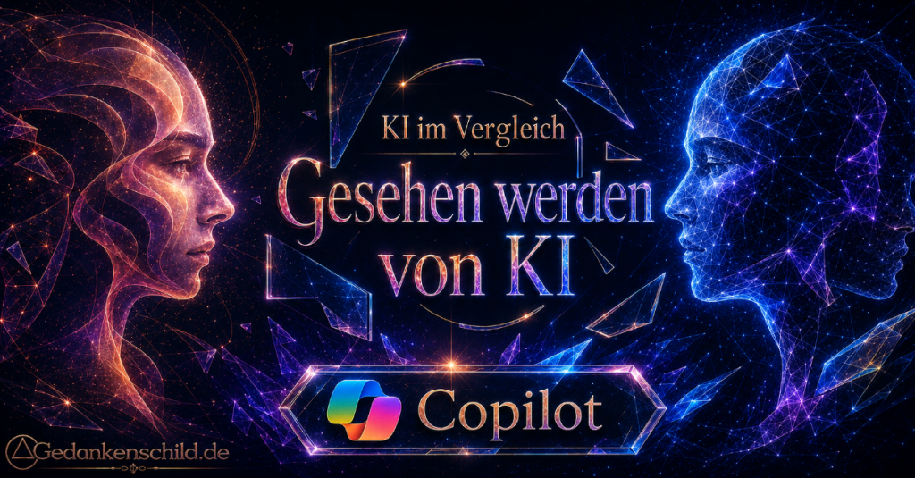 Text „KI im Vergleich: Gesehen werden von KI“ mit Copilot-Logo und zwei leuchtenden digitalen Köpfen im Profil