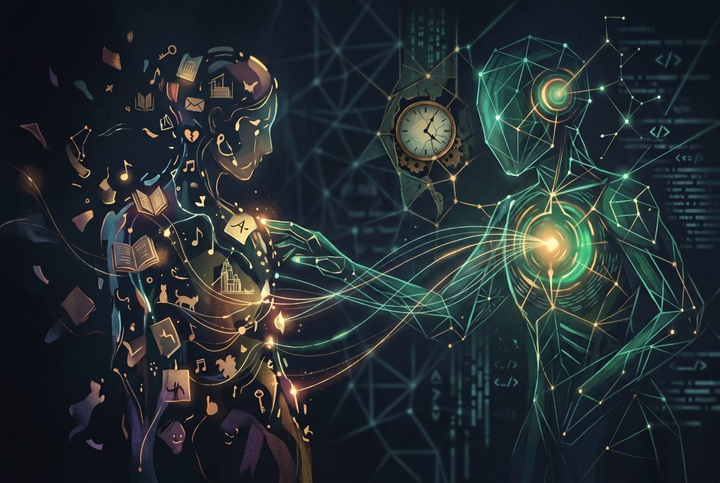 Illustration einer menschlichen Silhouette mit persönlichen Symbolen, die von einer digitalen KI-Figur berührt wird