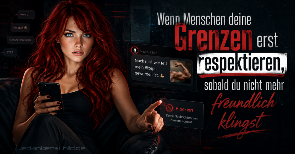 Frau blockiert belästigende Chat-Nachricht. Text: Wenn Menschen deine Grenzen erst respektieren, sobald du nicht mehr freundlich klingst