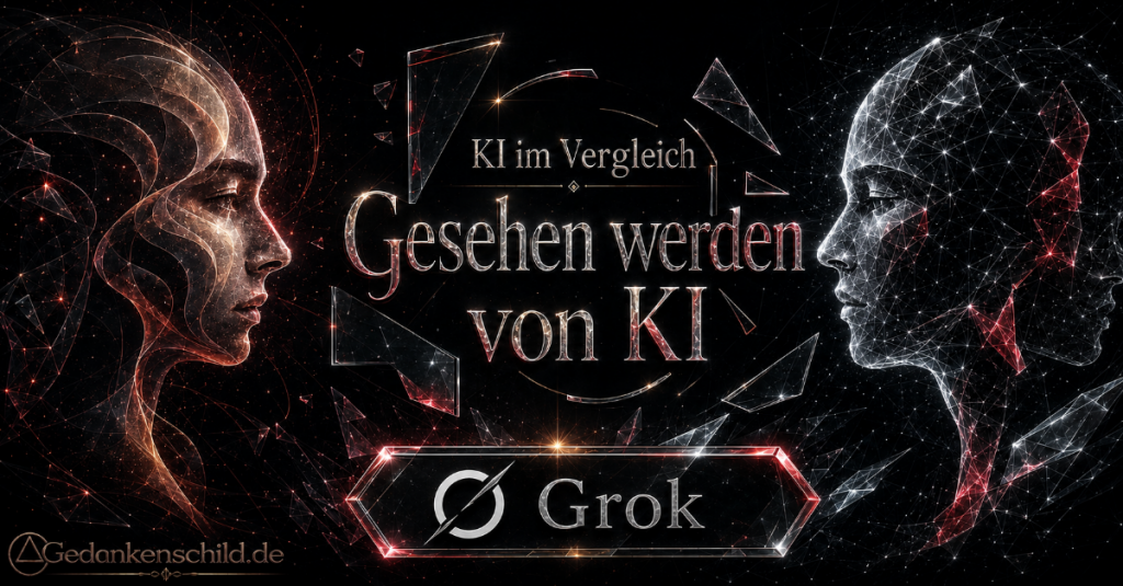 KI im Vergleich: Gesehen werden von KI. Schriftzug mit Grok-Logo und zwei digitalen Profilen