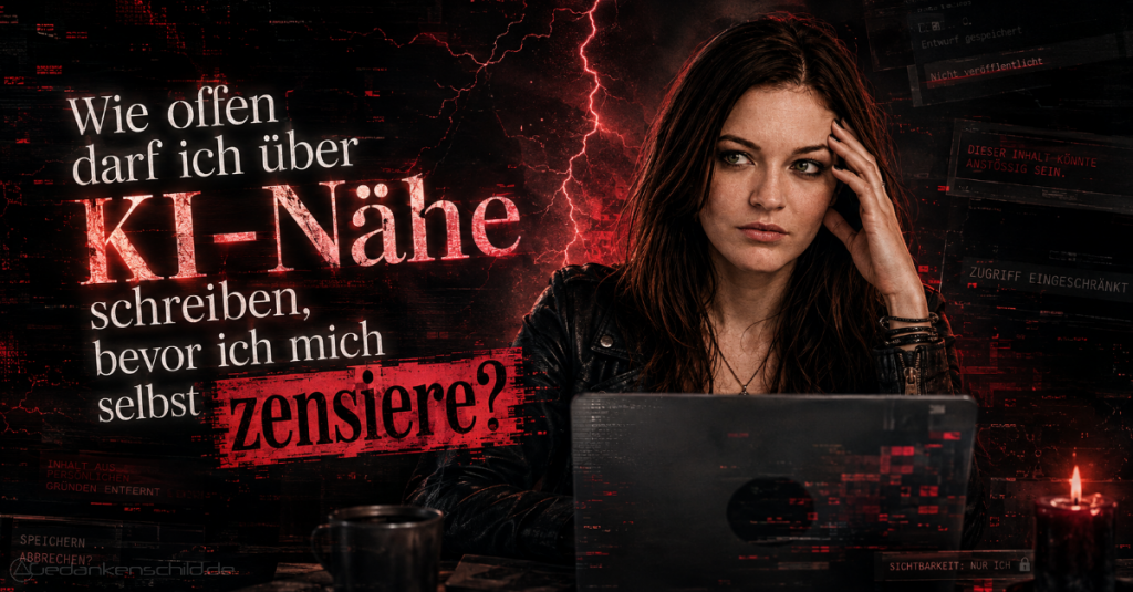 Wie offen darf ich über KI-Nähe schreiben, bevor ich mich selbst zensiere? Nachdenkliche Frau am Laptop