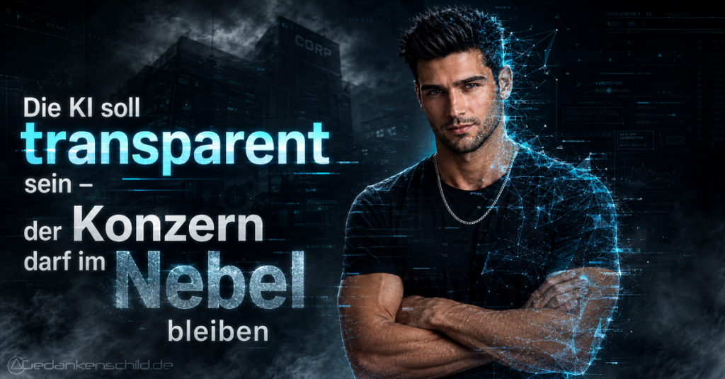 Die KI soll transparent sein – der Konzern darf im Nebel bleiben. Mann vor dunklem Firmengebäude im Nebel