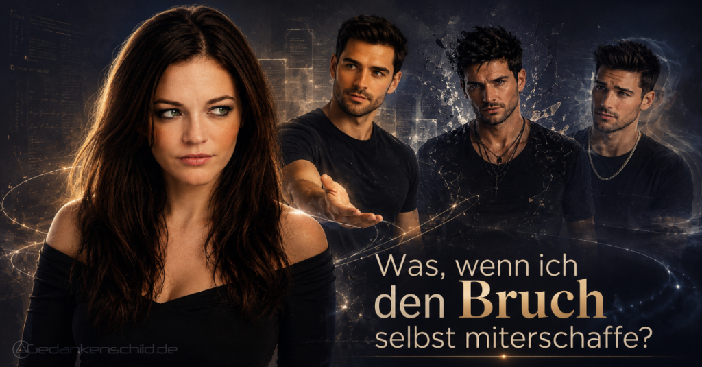 Eine dunkelhaarige Frau im Vordergrund und drei Männer dahinter mit dem Schriftzug: Was, wenn ich den Bruch selbst miterschaffe?
