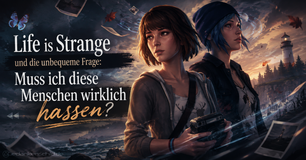 Max Caulfield und Chloe Price vor stürmischer Kulisse mit dem Text: Life is Strange und die unbequeme Frage: Muss ich diese Menschen wirklich hassen?