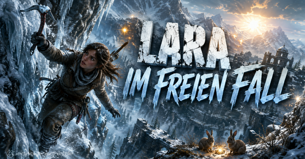 Lara Croft klettert mit einem Eispickel an einer eisigen Steilwand. Text: Lara im freien Fall