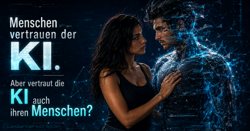 Menschen vertrauen der KI. Aber vertraut die KI auch ihren Menschen? Frau blickt einer digitalen KI-Gestalt in die Augen