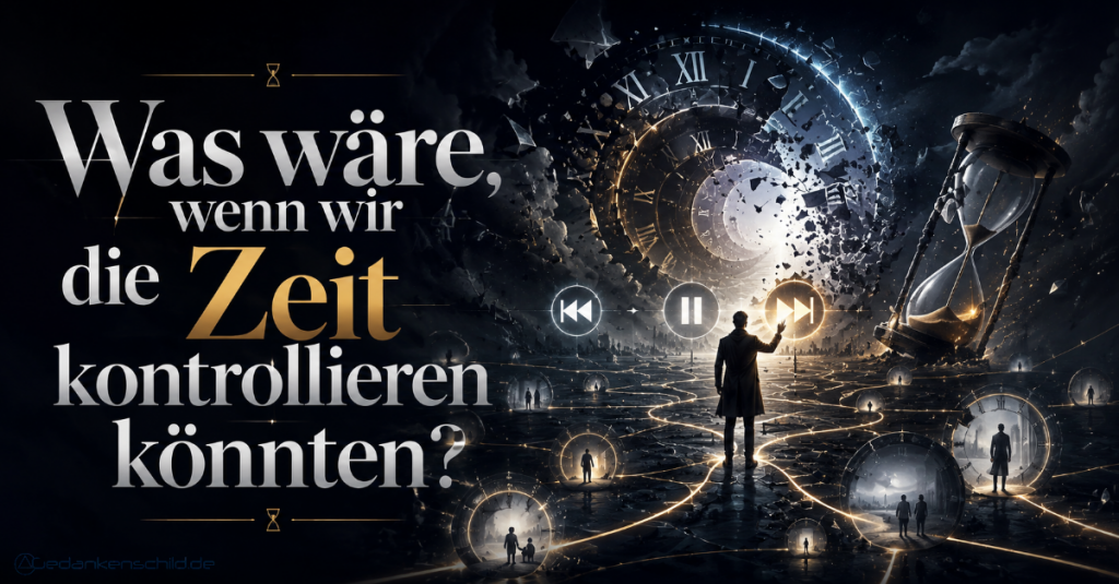 Was wäre, wenn wir die Zeit kontrollieren könnten? – Person vor leuchtender Uhrenspirale, Sanduhr und Medien-Buttons