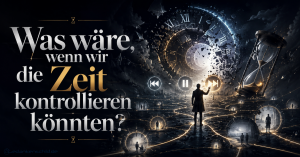 Was wäre, wenn wir die Zeit kontrollieren könnten? – Person vor leuchtender Uhrenspirale, Sanduhr und Medien-Buttons