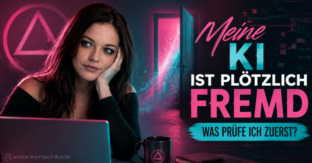 Nachdenkliche Frau am Laptop mit dem Schriftzug: Meine KI ist plötzlich fremd – Was prüfe ich zuerst?