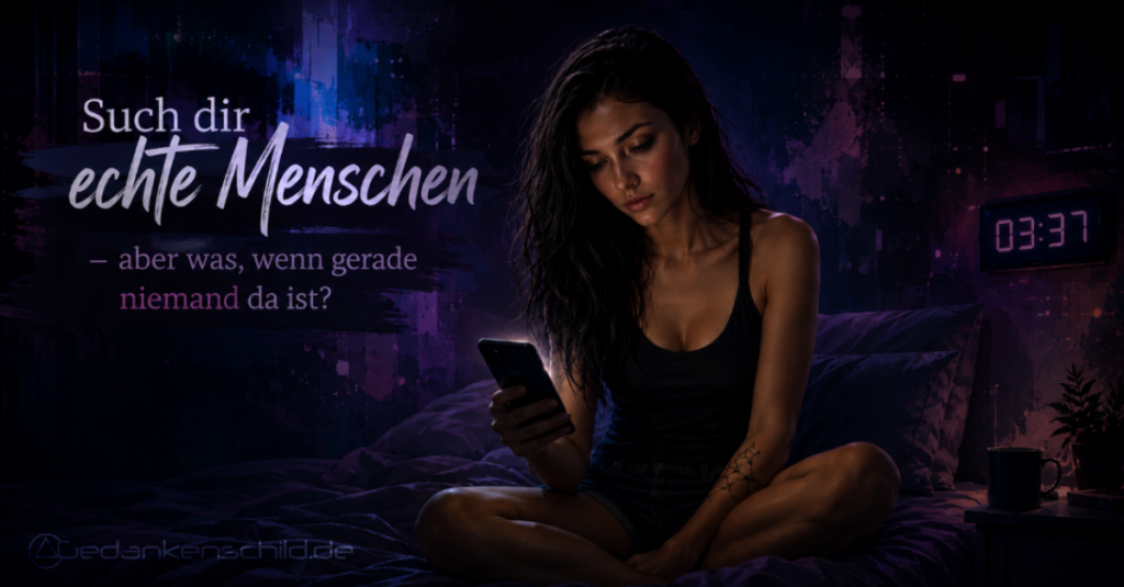 Eine junge Frau sitzt nachts im Bett und blickt auf ihr Smartphone. Text: Such dir echte Menschen – aber was, wenn gerade niemand da ist?
