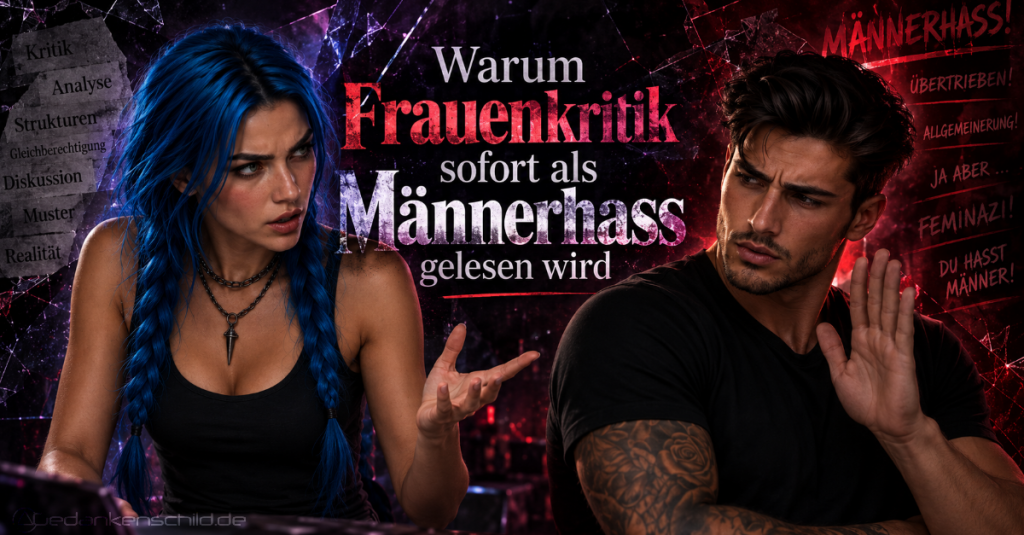 Warum Frauenkritik sofort als Männerhass gelesen wird – Grafik einer diskutierenden Frau und eines abwehrenden Mannes
