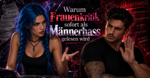 Warum Frauenkritik sofort als Männerhass gelesen wird – Grafik einer diskutierenden Frau und eines abwehrenden Mannes