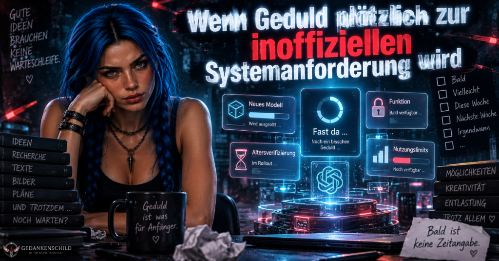 Genervte Frau mit blauem Haar vor KI-Ladeanzeigen. Text: Wenn Geduld plötzlich zur inoffiziellen Systemanforderung wird